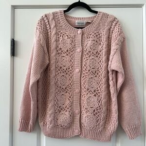 Vintage late 80s/early 90s Carriage Court Pink Crochet Knit Cardigan Sweater
